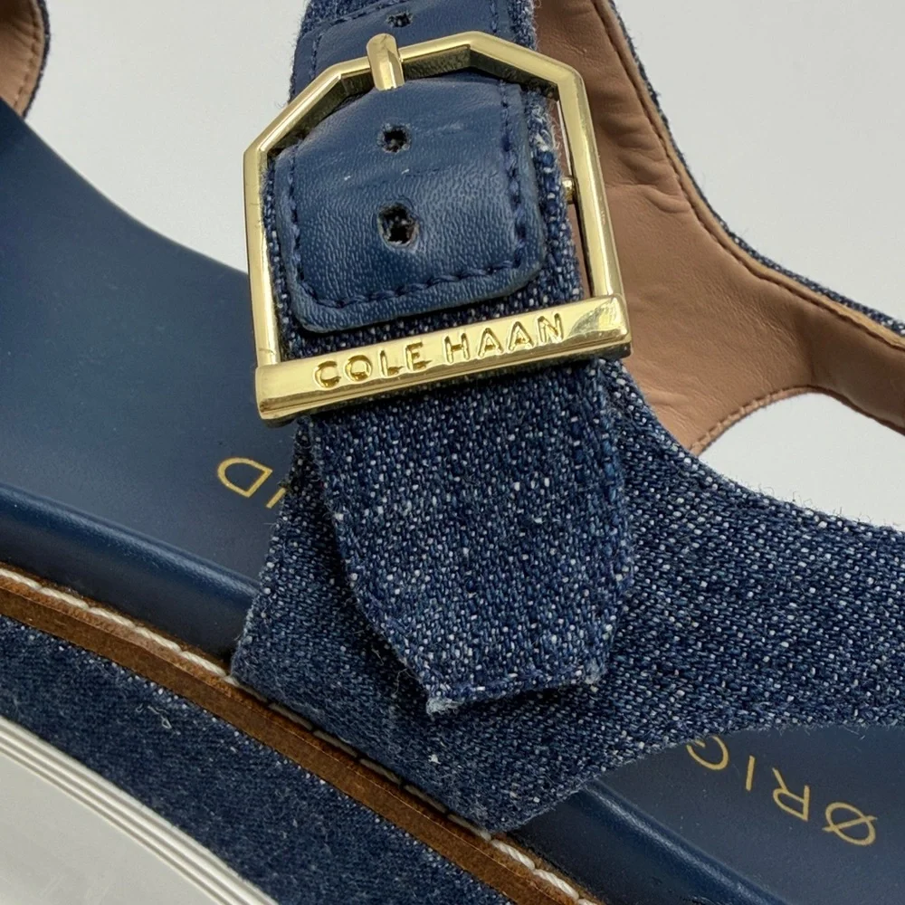 Cole Haan Navy Flatform Denim Wedge Original Grand Sandals Size 6B